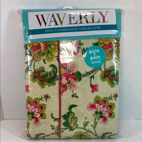 Waverly Other - WAVERLY PEVA Flannelback TableCloth Floral Pink Green Cream Oblong 60 X 84”~ New